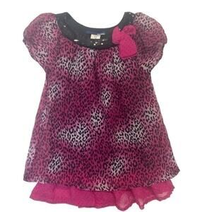 Pink Animal Print Blouse Size Medium 7-8 black sequins short sleeve layered
